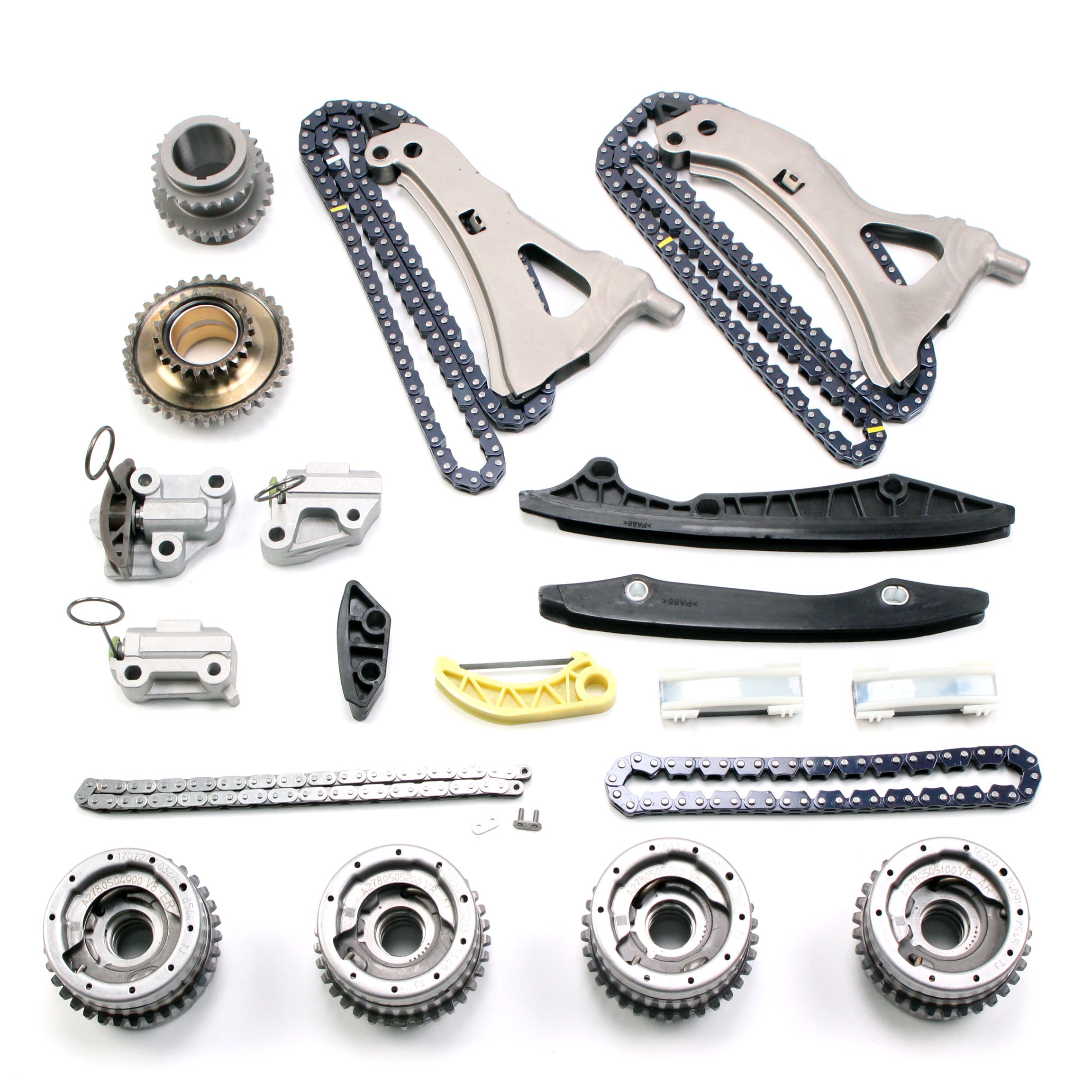 Timing chain kit components: sprocket gears, chain guides, rails, and small seals