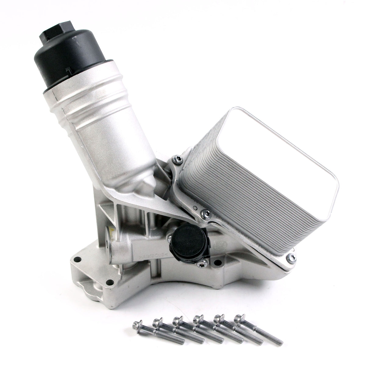 Aluminum engine oil filter housing with filter canister and mounting bolts