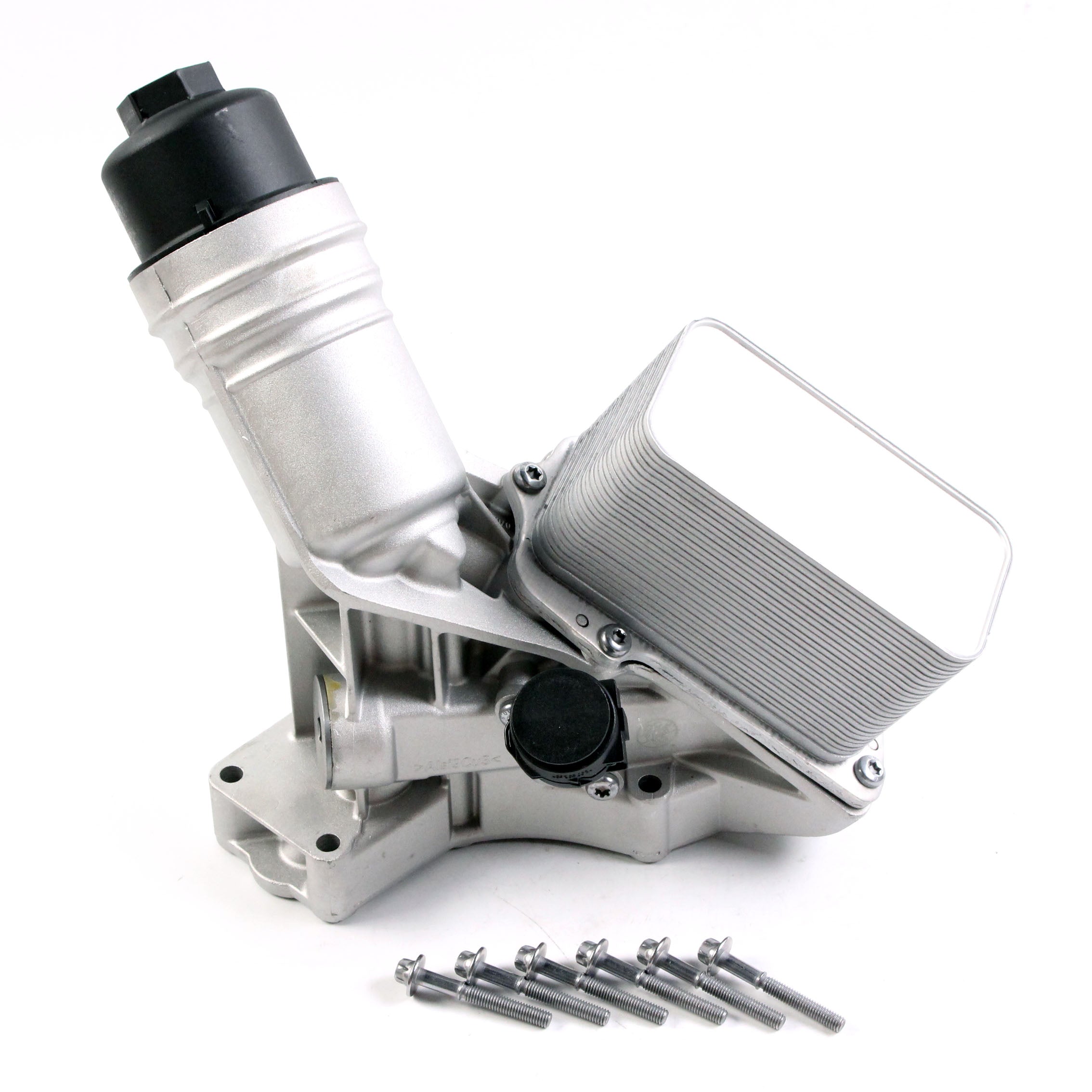 Aluminum engine oil filter housing with filter canister and mounting bolts