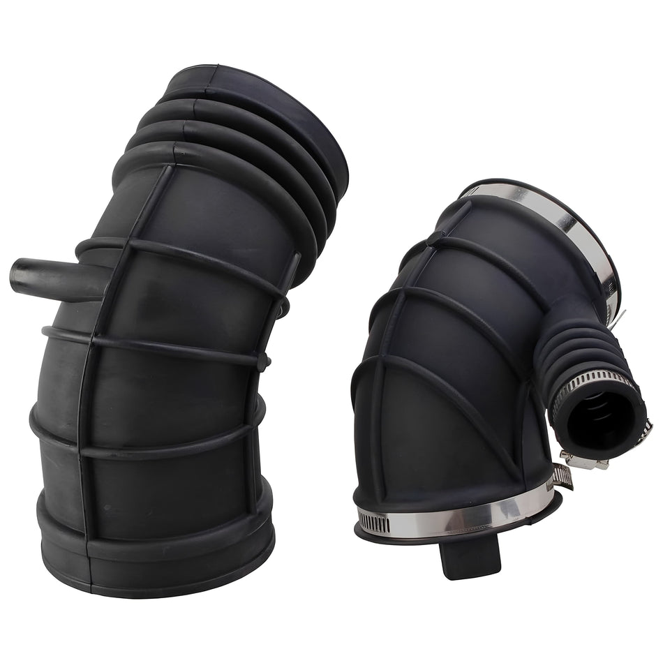 Engine air intake hose, ribbed black rubber elbow with metal clamp rings