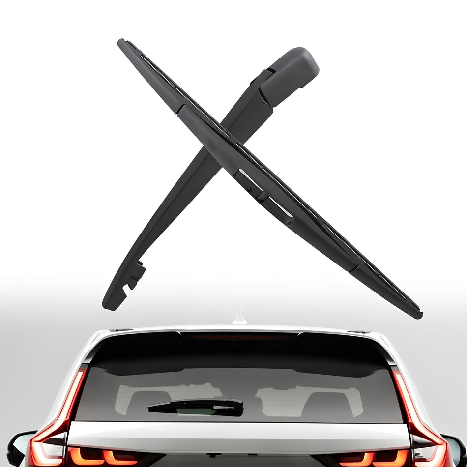 Rear wiper blade arm set crossed, with blade and arm over car rear window