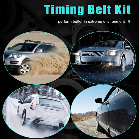 Timing belt kit shown with vehicle condition scenes; timing belt and engine components visible