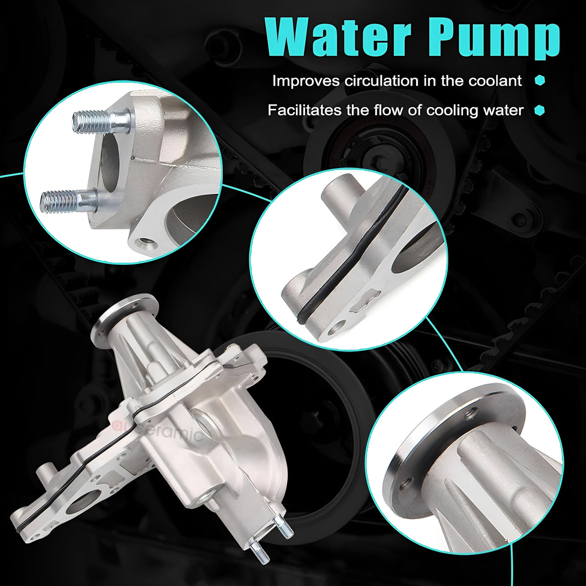 Water pump assembly for timing belt kit, shown with inlet and mounting flange