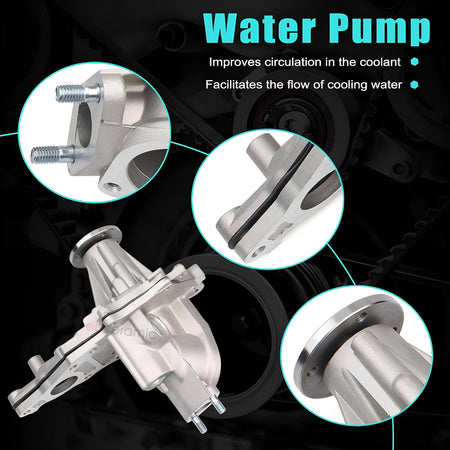 Water pump assembly for timing belt kit, shown with inlet and mounting flange