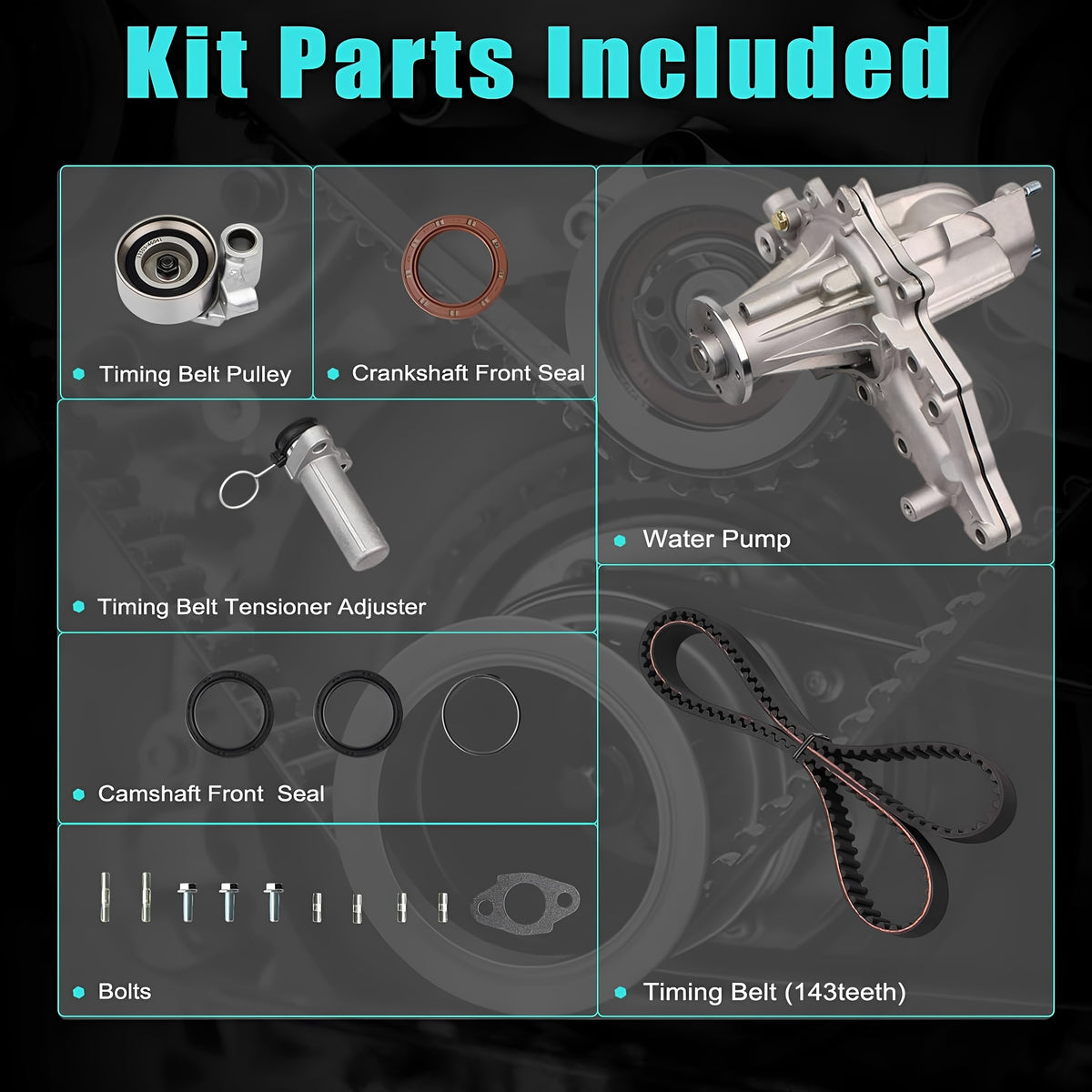 Timing belt kit parts laid out: timing belt, water pump, pulleys, seals, and bolts