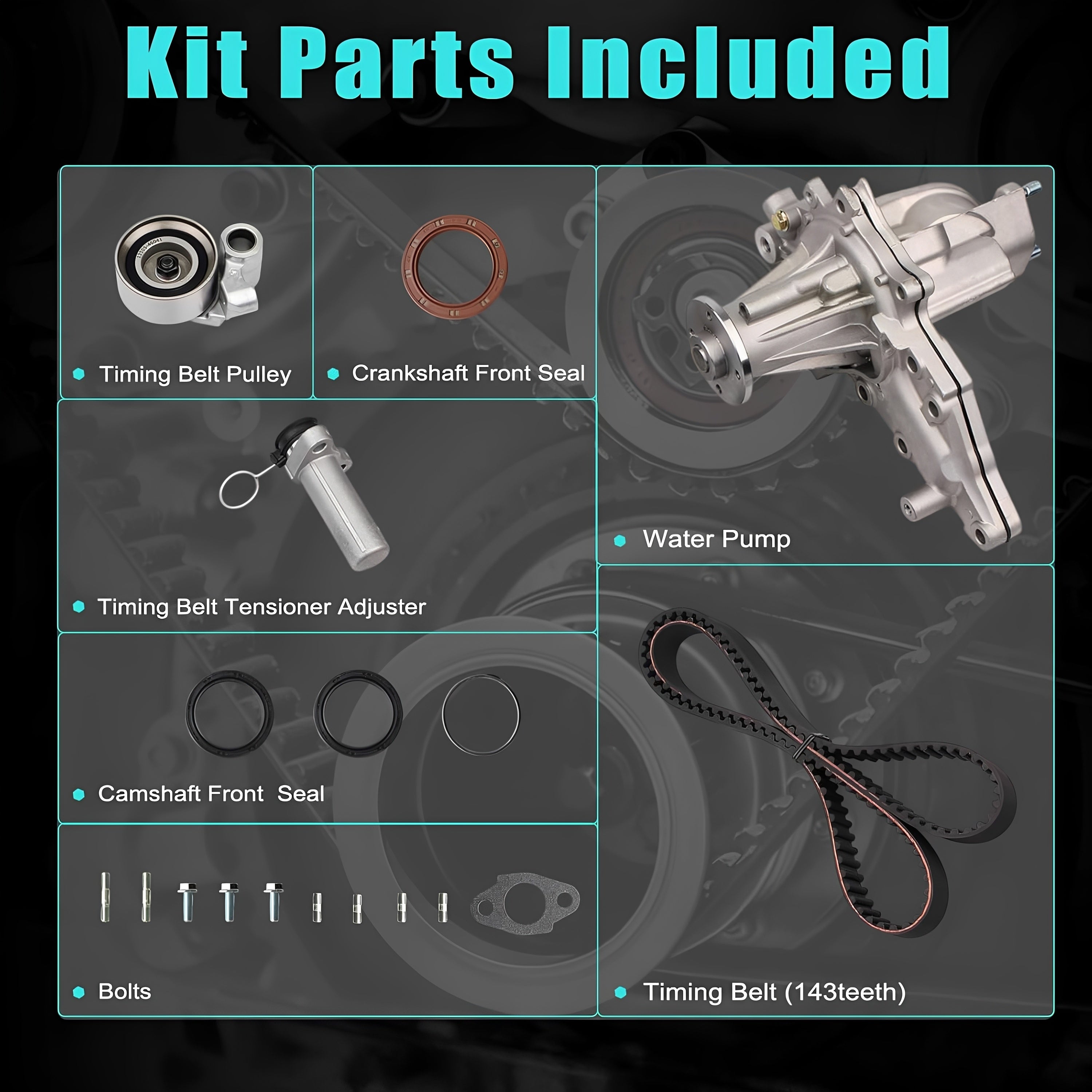 Timing belt kit parts laid out: timing belt, water pump, pulleys, seals, and bolts