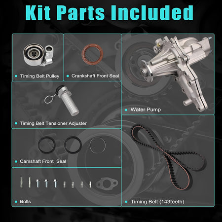 Timing belt kit parts laid out: timing belt, water pump, pulleys, seals, and bolts