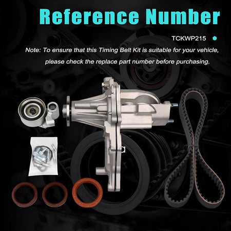 Timing belt kit components shown together: water pump, belt, pulleys, and seals