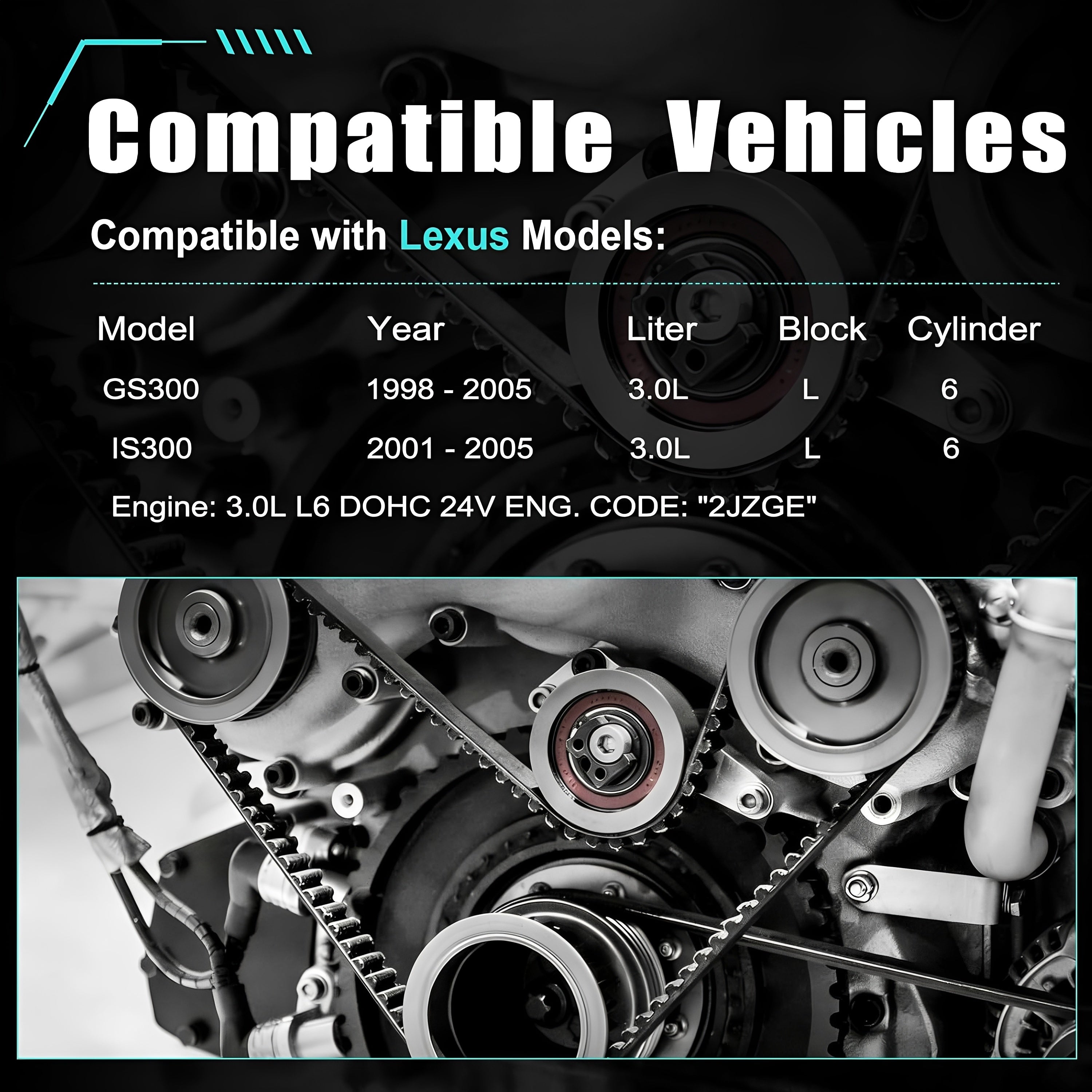 Timing belt kit installed view showing toothed belts and pulleys in an engine bay
