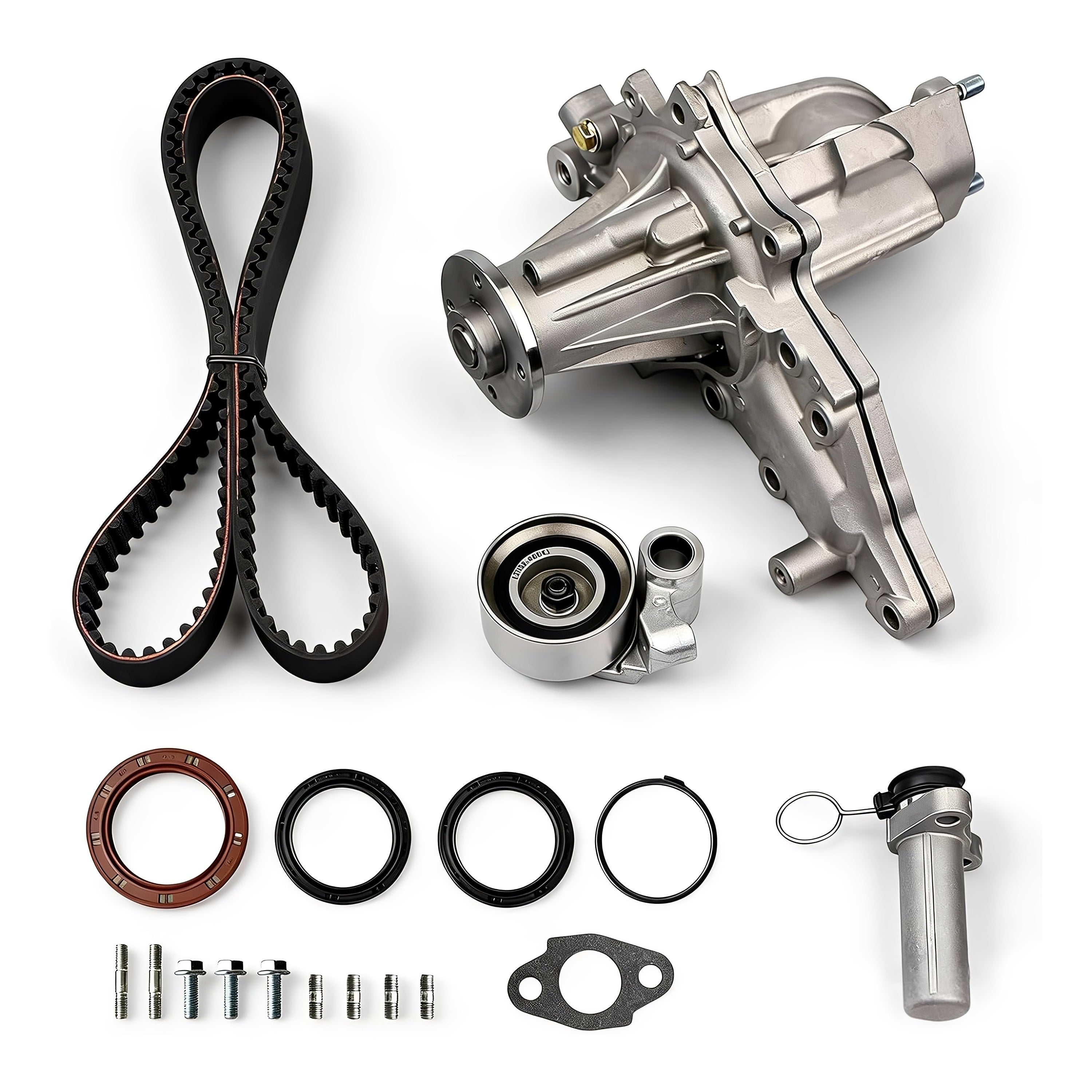 Timing belt kit with water pump, belt, pulleys, seals, and bolts—auto engine replacement set