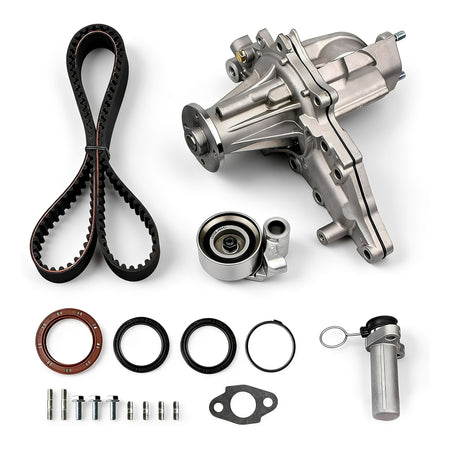 Timing belt kit with water pump, belt, pulleys, seals, and bolts—auto engine replacement set