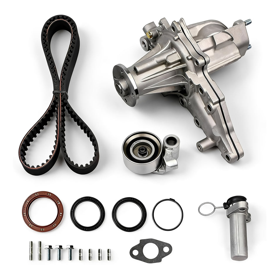 Timing belt kit with water pump, belt, pulleys, seals, and bolts—auto engine replacement set