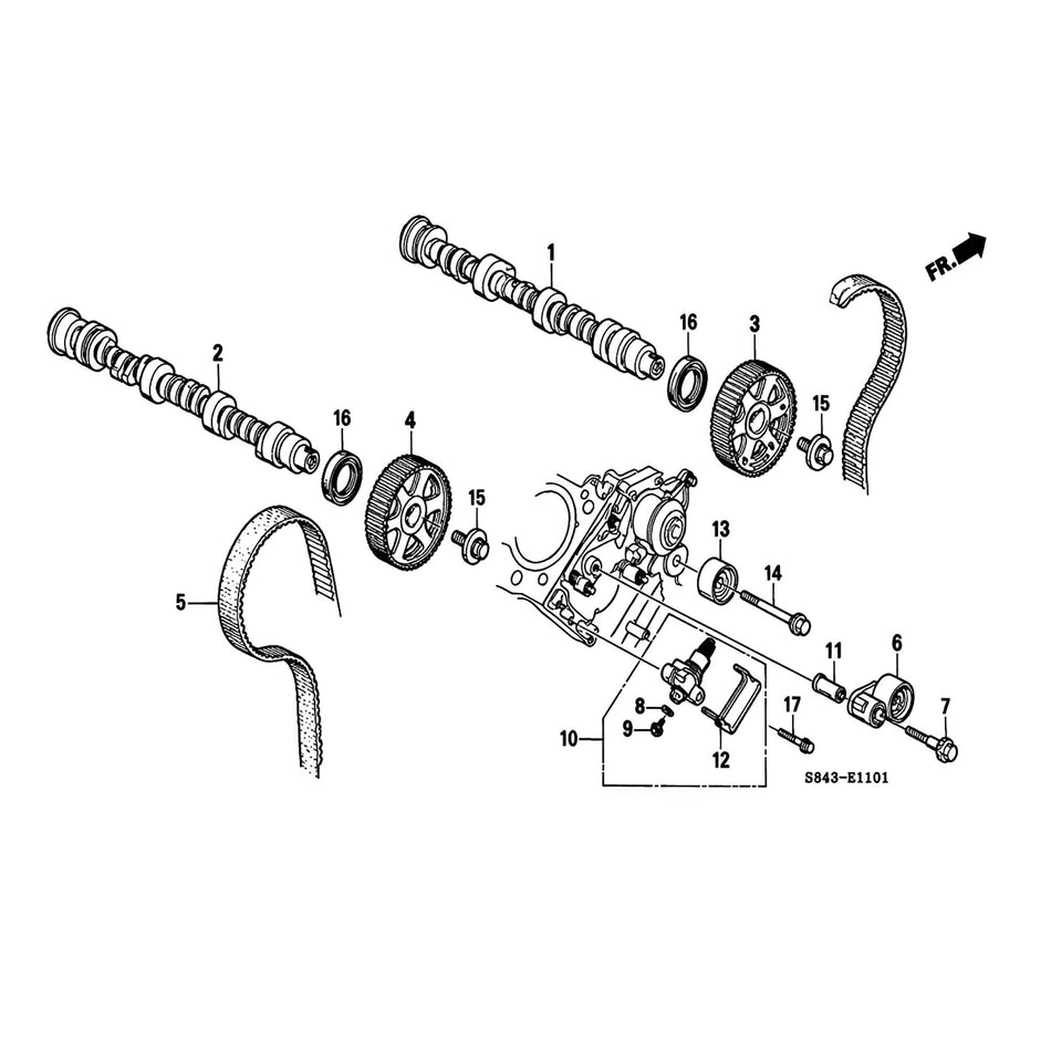 Timing belt hydraulic tensioner exploded diagram with pulley wheel and mounting hardware