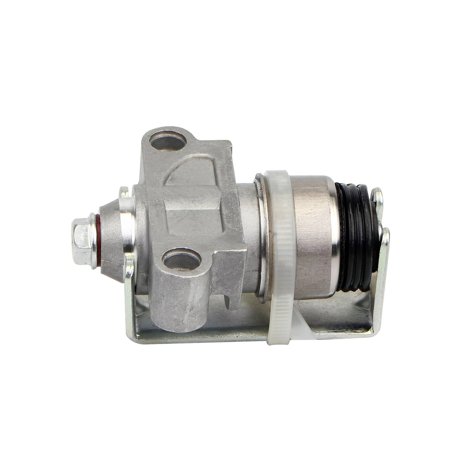 Hydraulic timing belt tensioner side view with silver mount and black threaded section