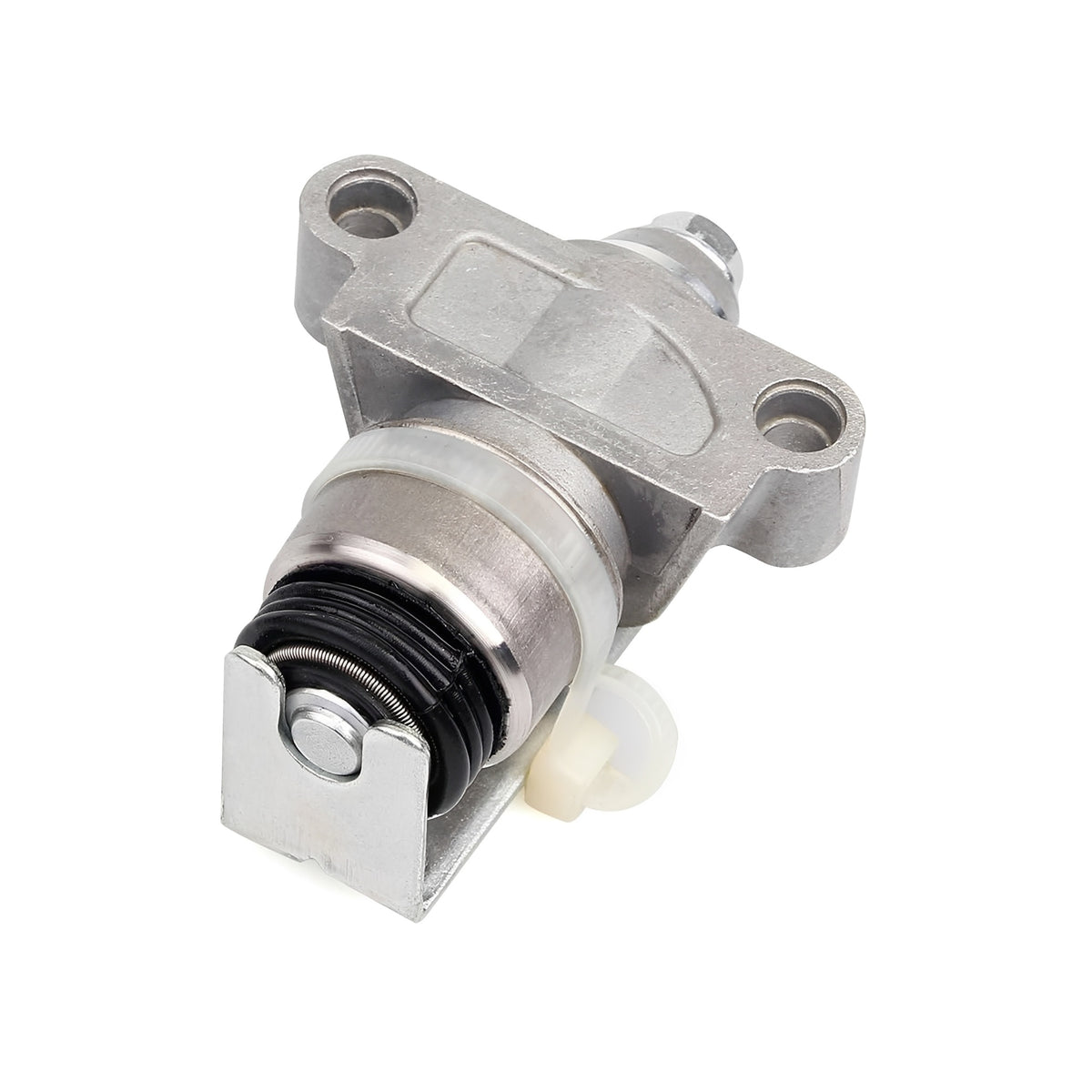 Hydraulic tensioner assembly with metal bracket and black rubber seal