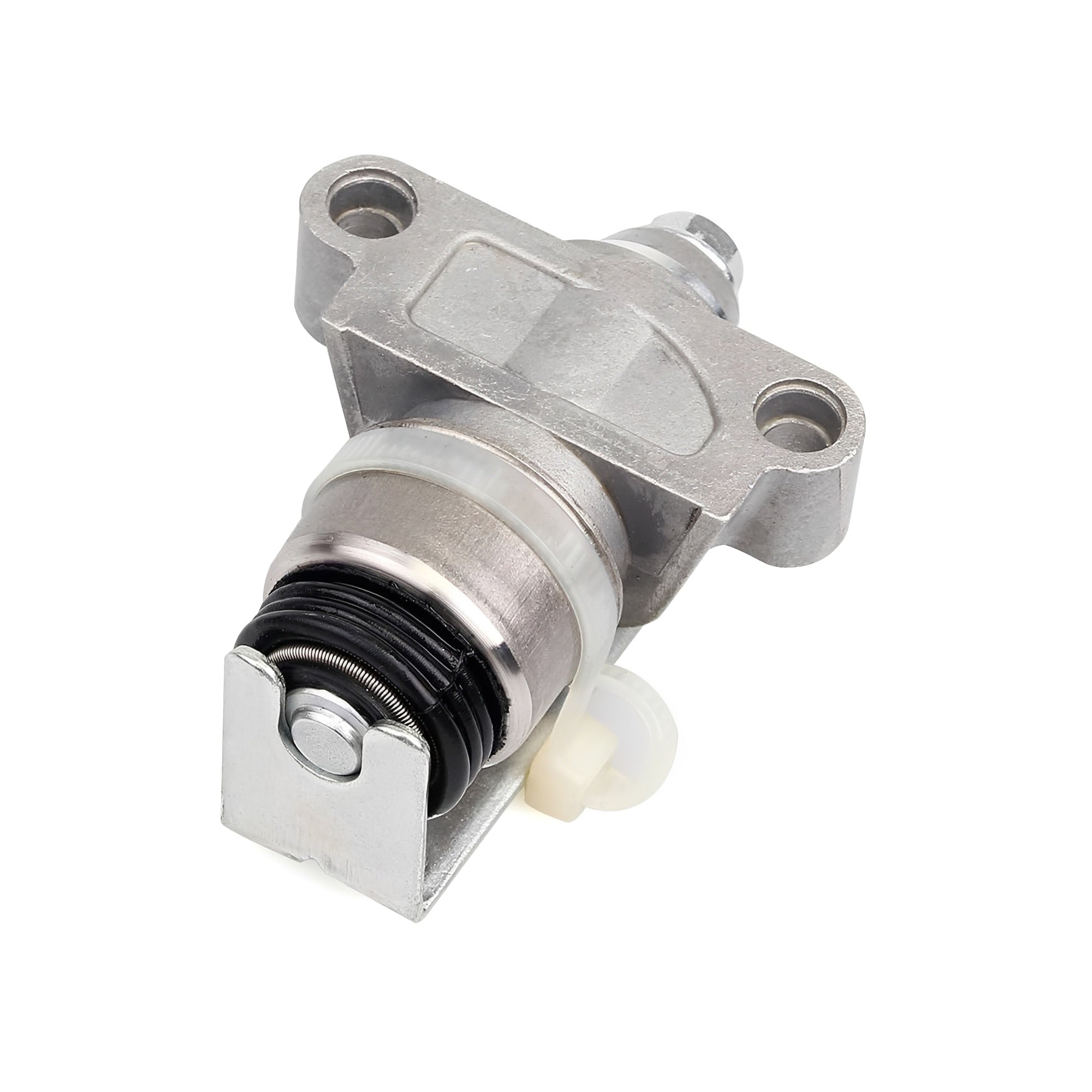Hydraulic tensioner assembly with metal bracket and black rubber seal