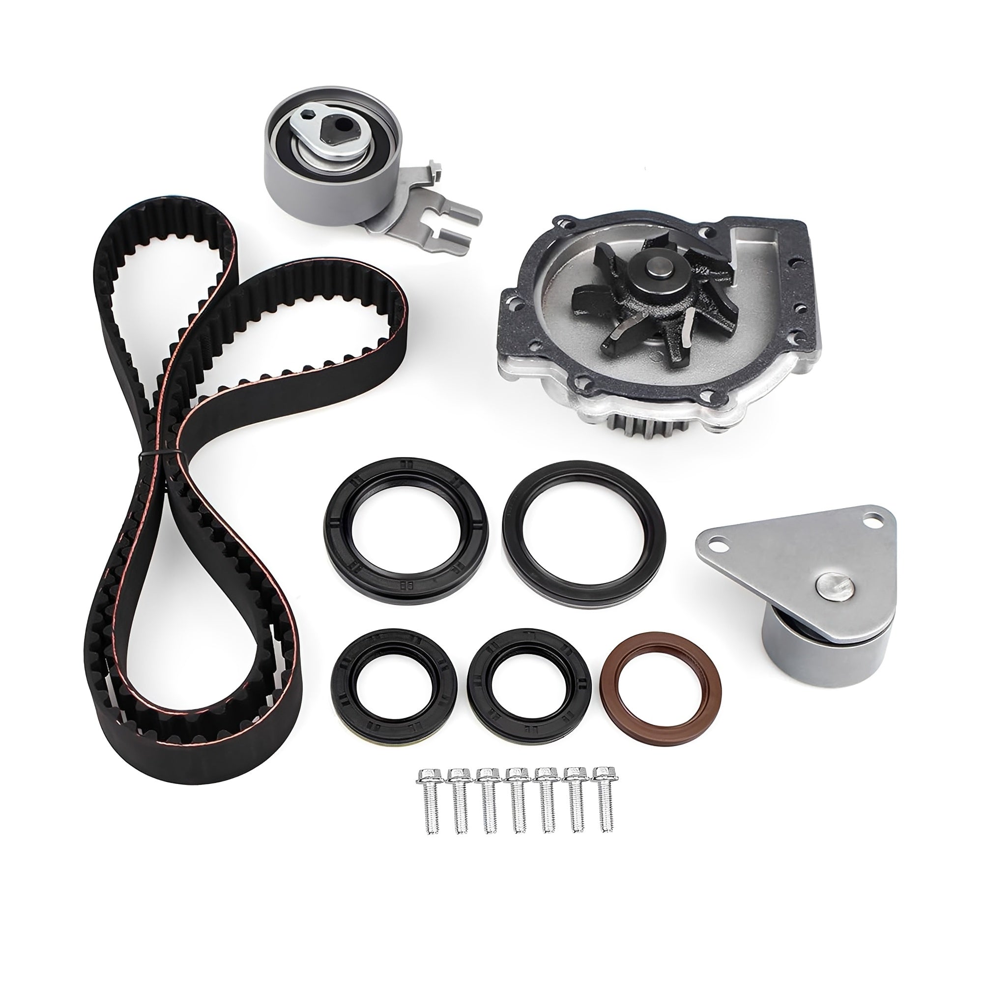 Timing belt kit with water pump: toothed belt, roller, seals, gasket and hardware