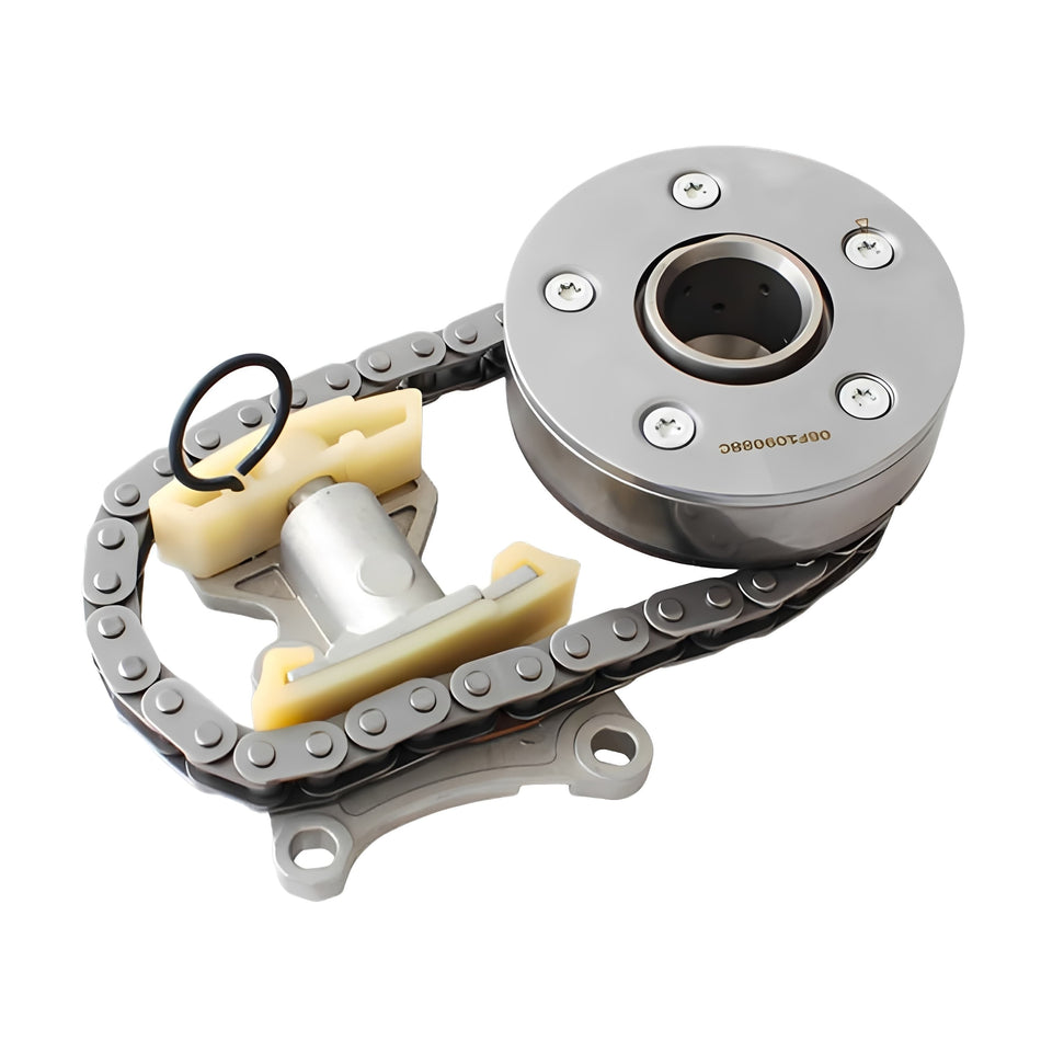 Timing chain kit with sprocket pulley, metal chain, and yellow tensioner guide