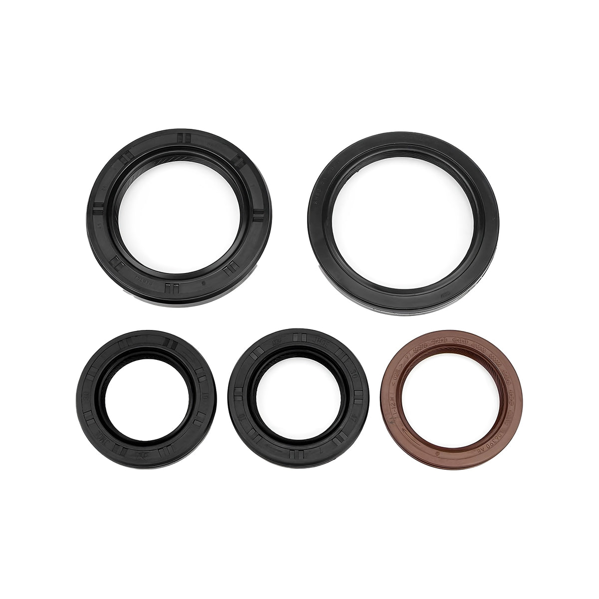 Engine seal set with four black seals and one brown O-ring for timing belt kit
