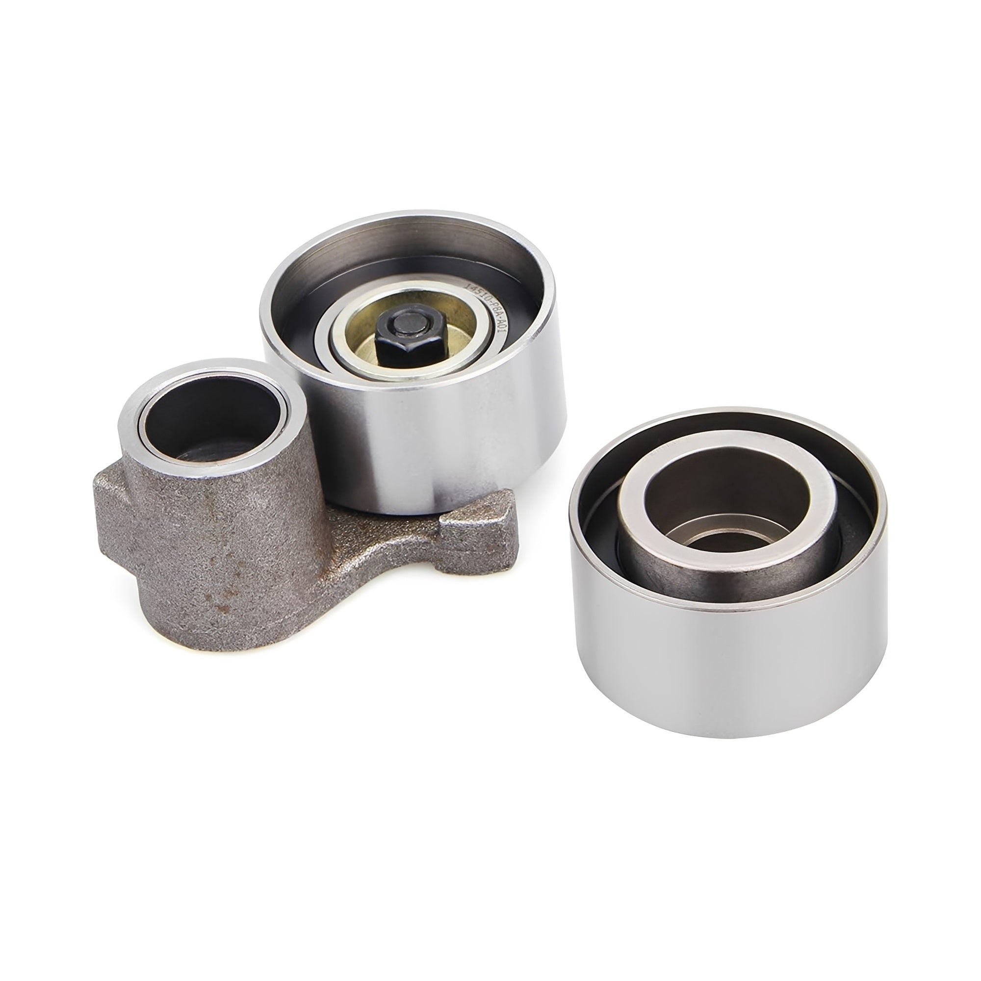Timing belt idler pulleys with metal housings and inner bearings