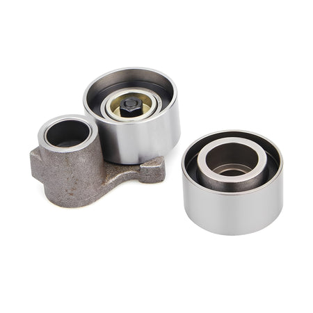 Timing belt idler pulleys with metal housings and inner bearings