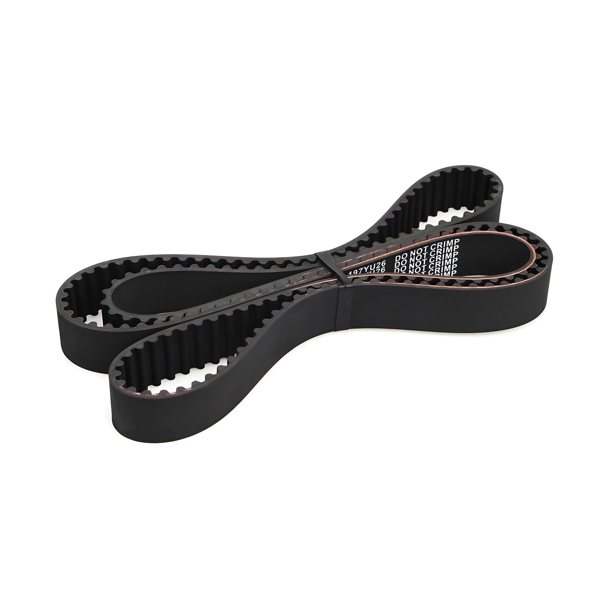 Black timing belt with textured teeth and printed markings