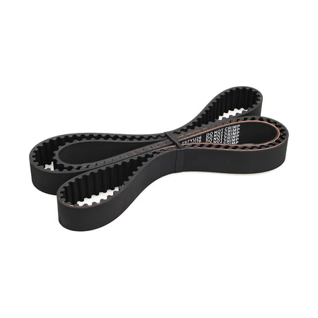 Black timing belt with textured teeth and printed markings