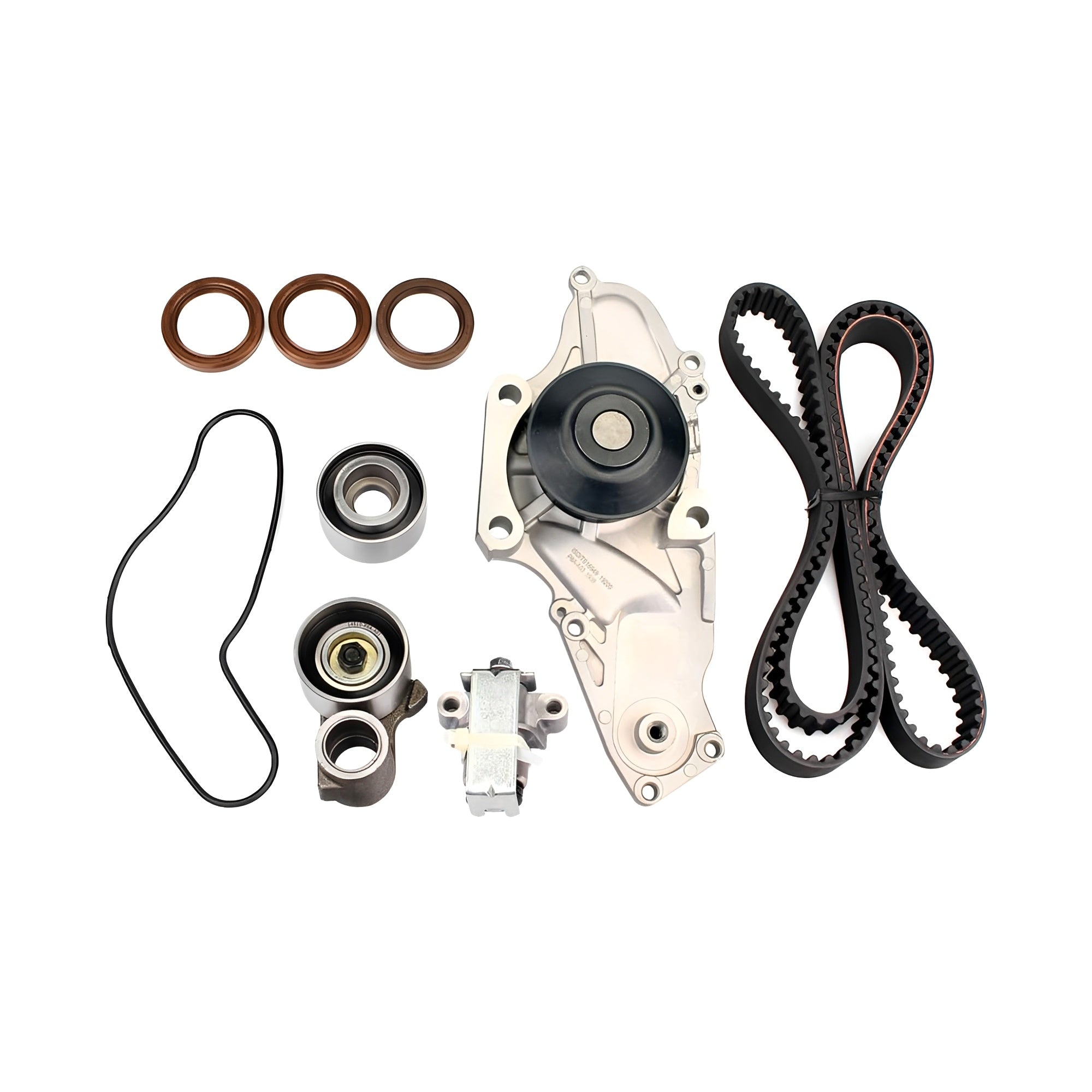 Timing belt kit parts: seals, hydraulic tensioner, idler pulley, timing belt, O-rings