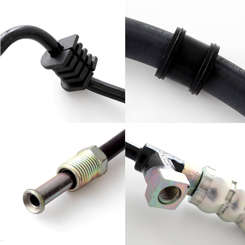 Power steering pressure hose with ribbed clamp, metal ends, and threaded connection fitting.