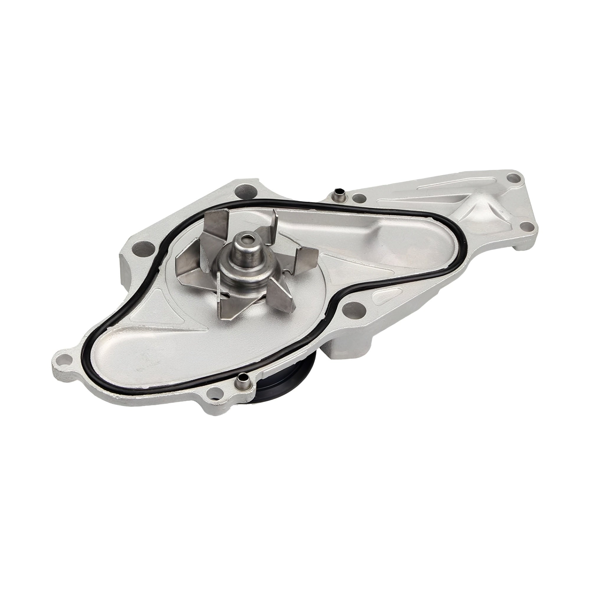 Timing belt water pump assembly with black rubber gasket and metal housing