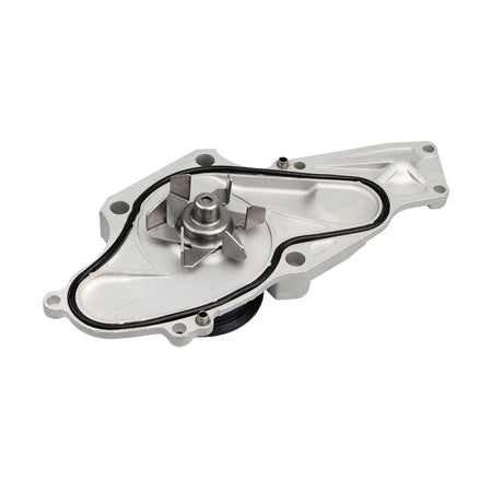 Timing belt water pump assembly with black rubber gasket and metal housing