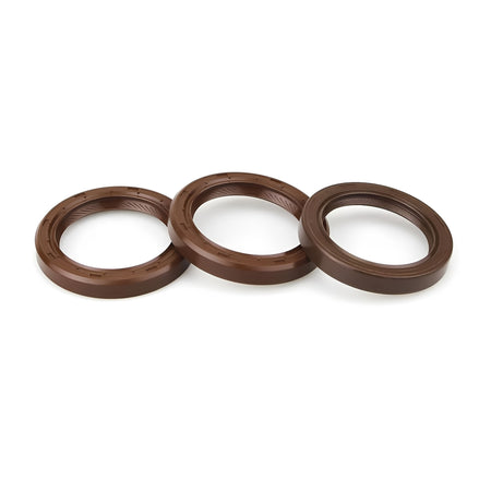 Brown circular camshaft and front crankshaft seals with O-ring gasket edges