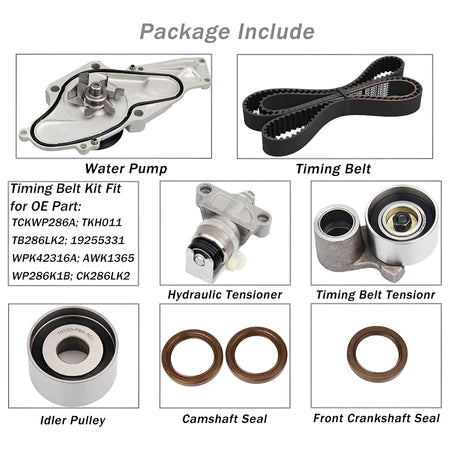 Timing belt kit components: water pump, timing belt, tensioner, idler pulley, seals