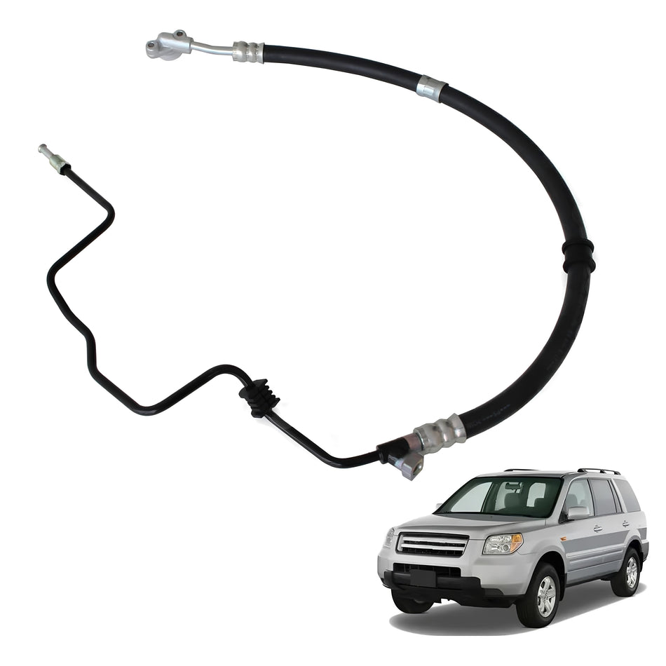 Black power steering pressure hose assembly with curved routing and metal end fittings.