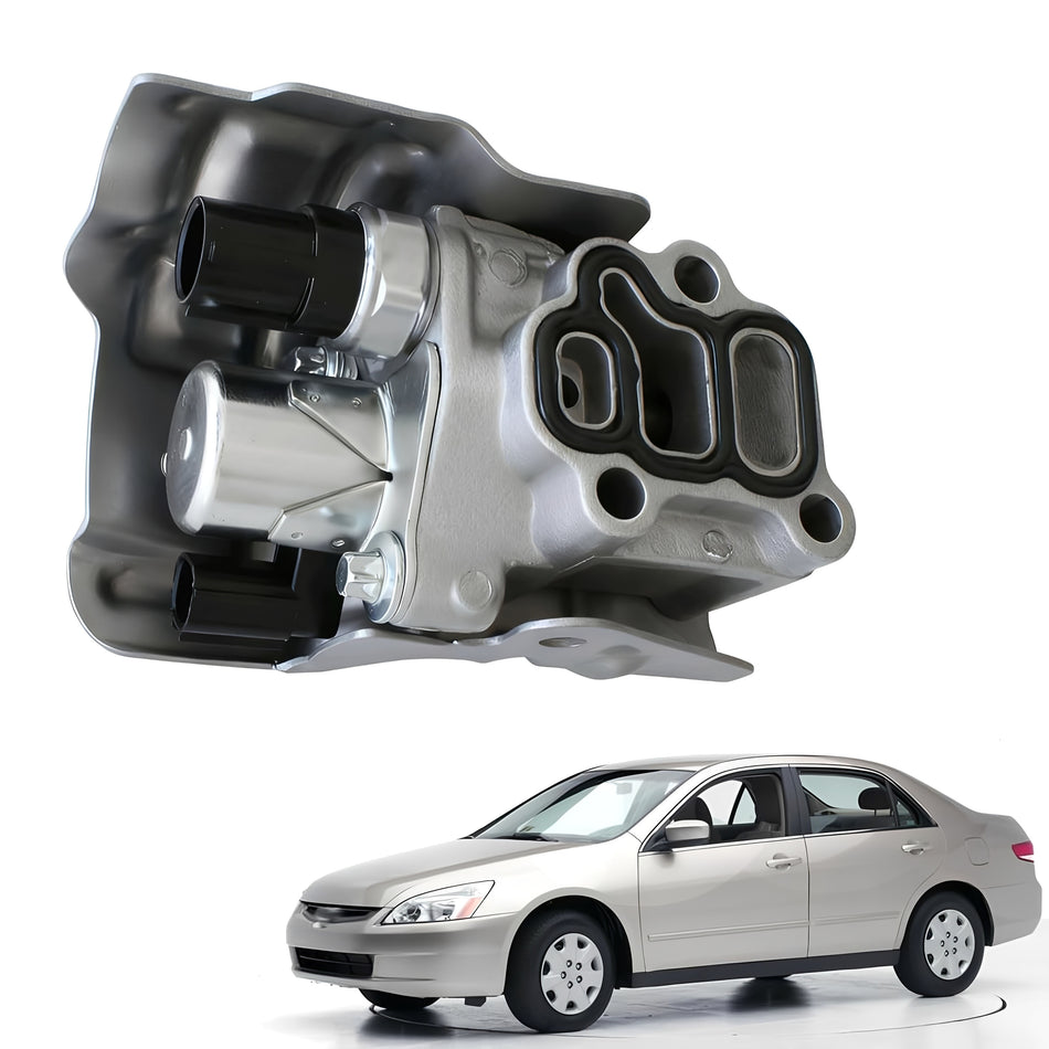 Engine variable timing solenoid valve with mounting flange and black electrical connector