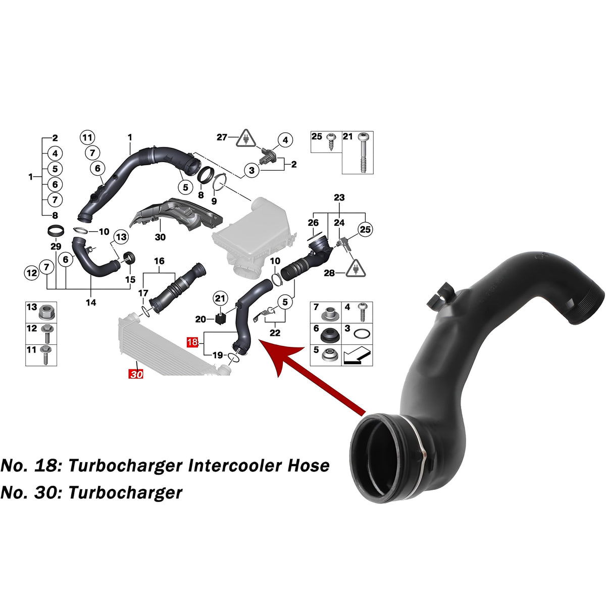Turbo intercooler hose parts diagram showing labeled hose connections