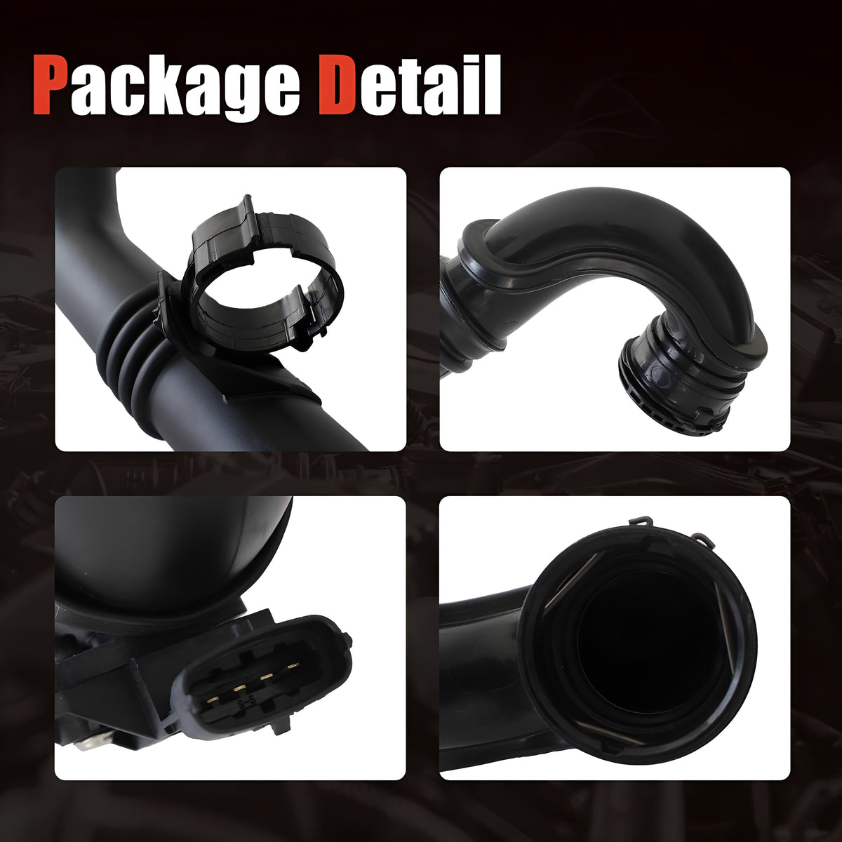 Black intercooler hose close-up with connectors, molded bends, and opening