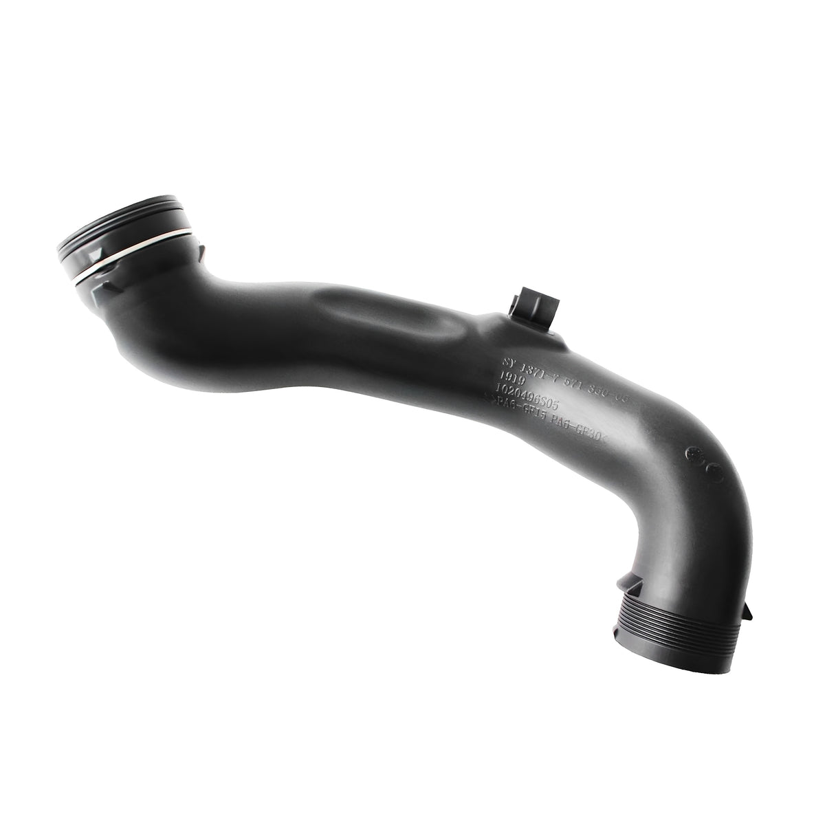 Black turbo intercooler hose with ribbed end, curved silicone elbow, mounting clip