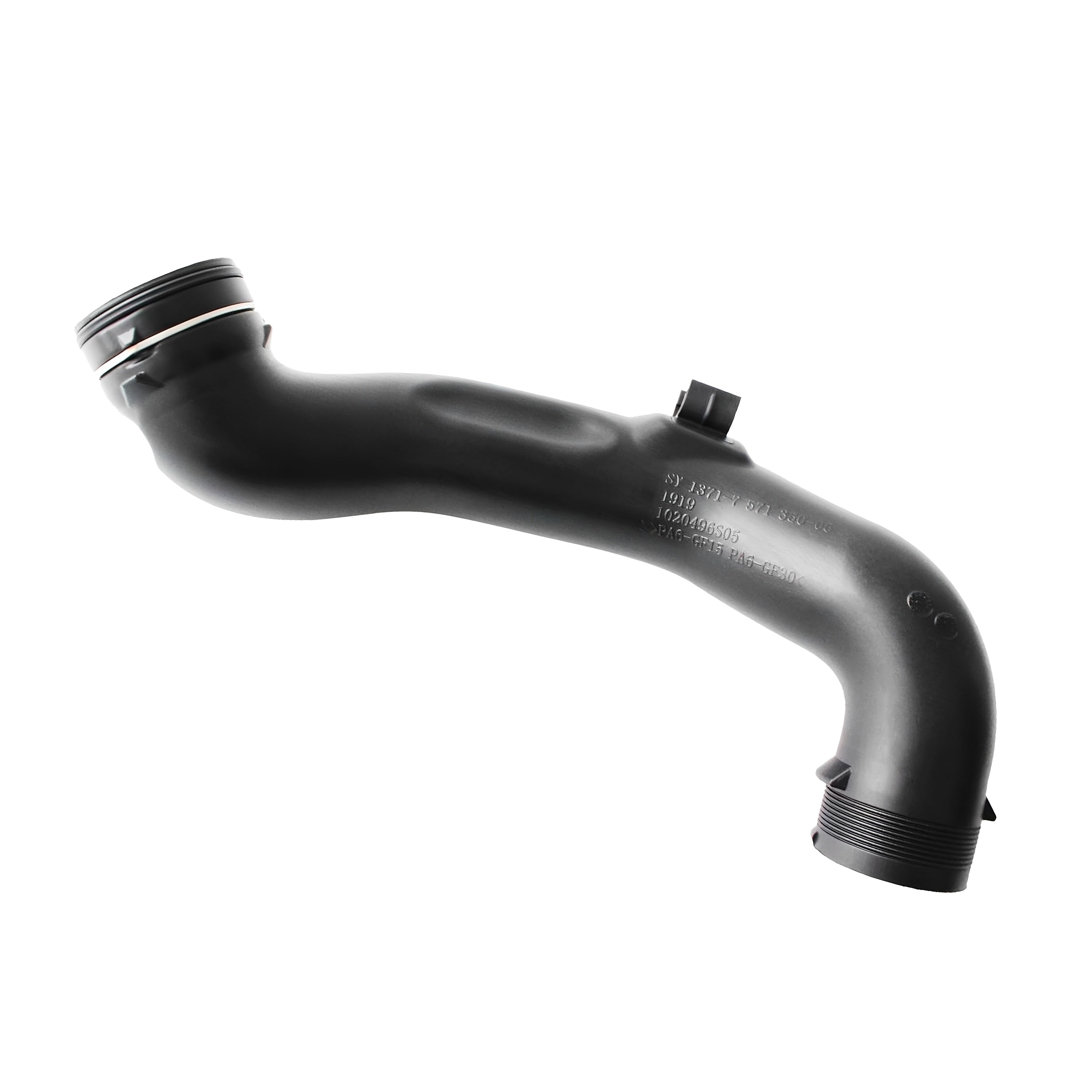 Black turbo intercooler hose with ribbed end, curved silicone elbow, mounting clip