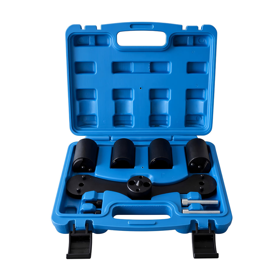Blue plastic case with balance shaft timing tools and bolts, neatly arranged