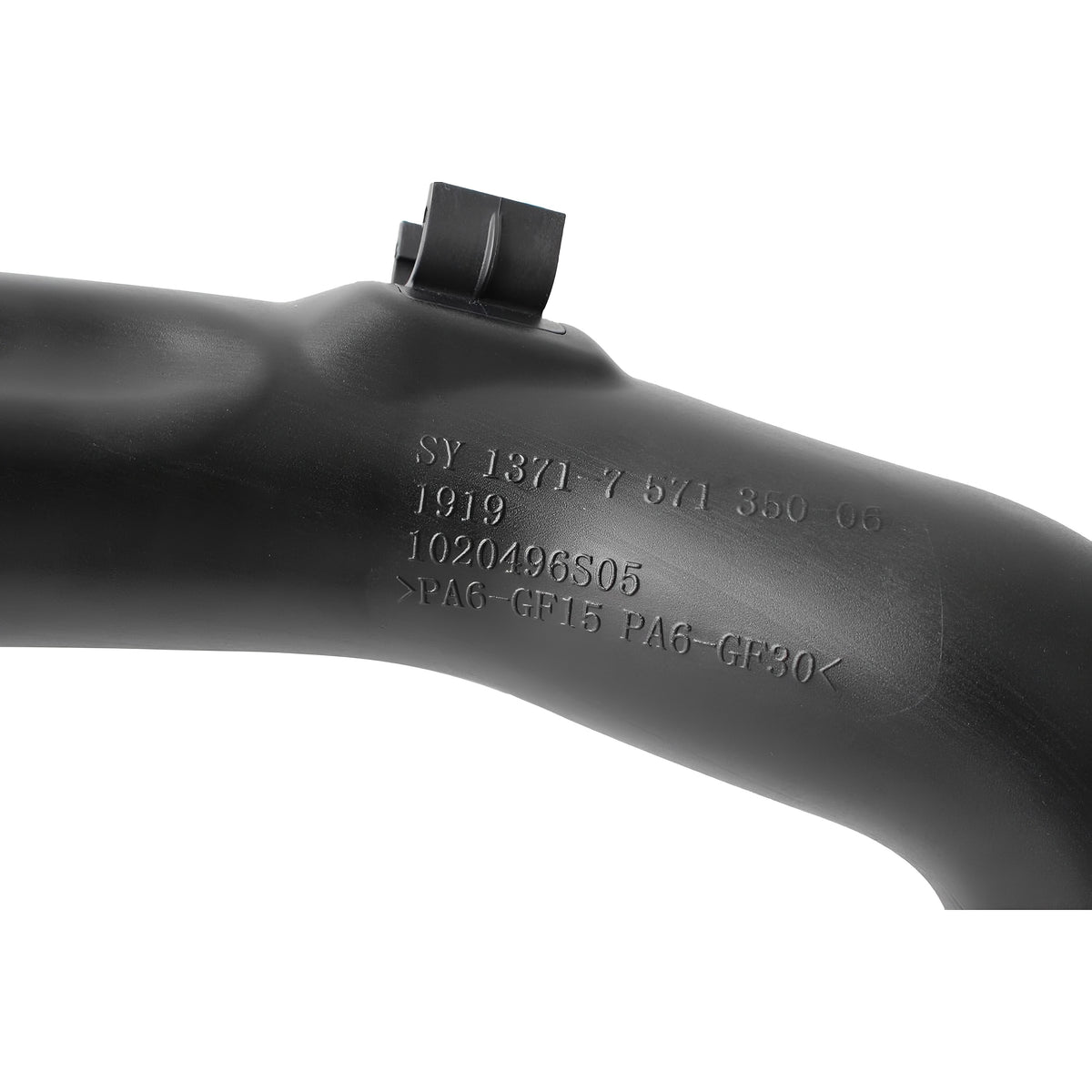 Black turbo intercooler hose with molded mounting tab and printed part numbers
