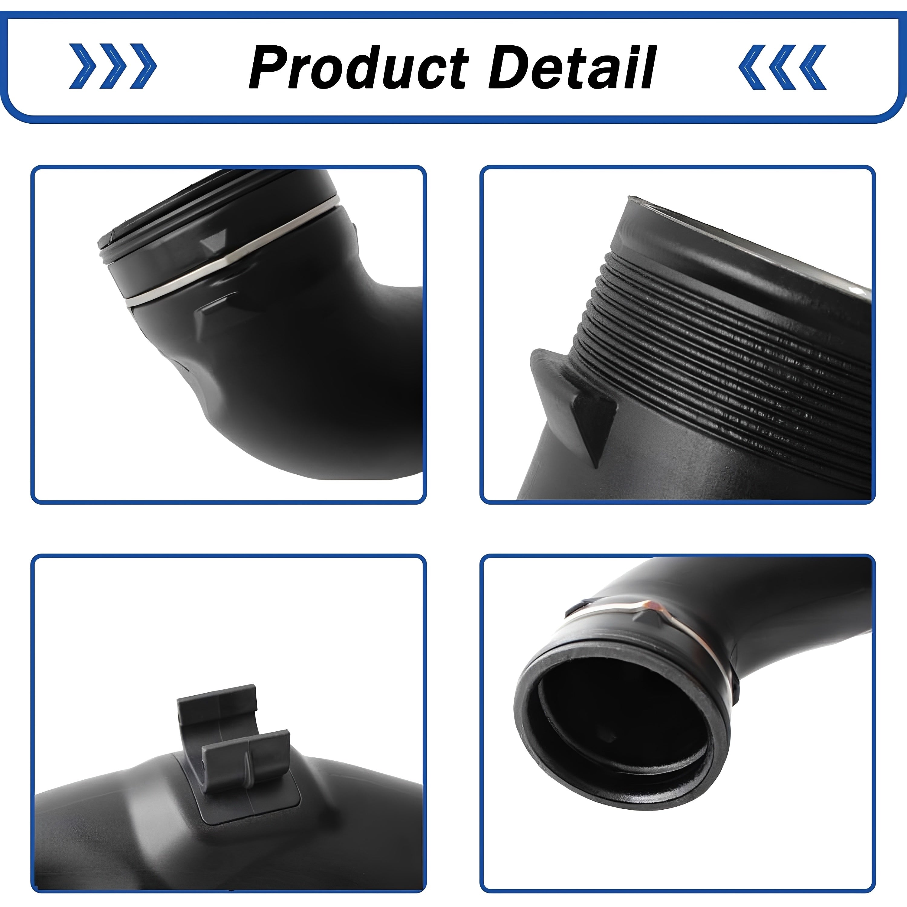 Black turbo intercooler hose elbows with ribbed section and molded clip