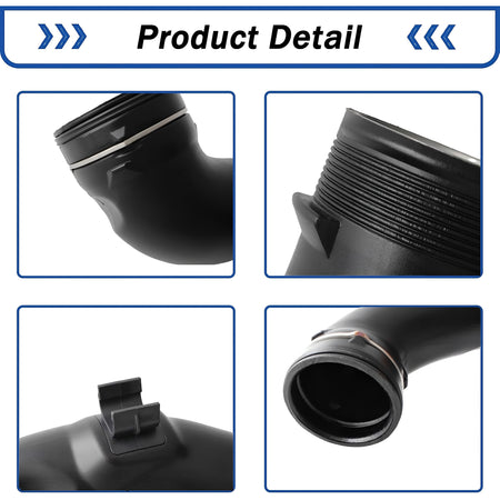 Black turbo intercooler hose elbows with ribbed section and molded clip