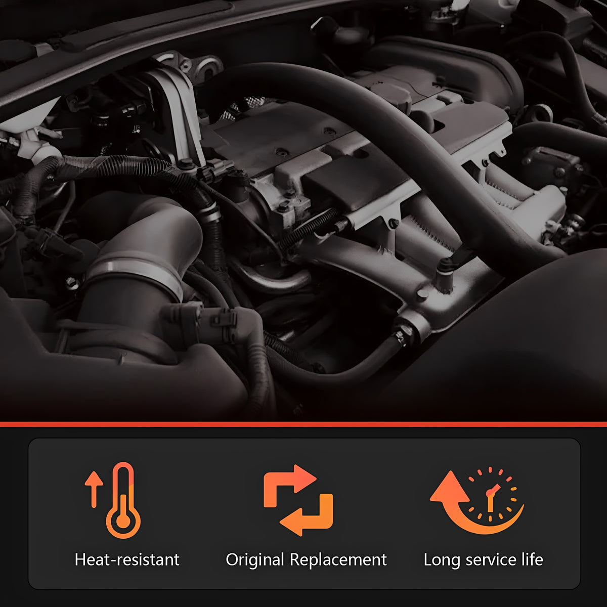 Engine compartment turbo intercooler hoses in black rubber piping