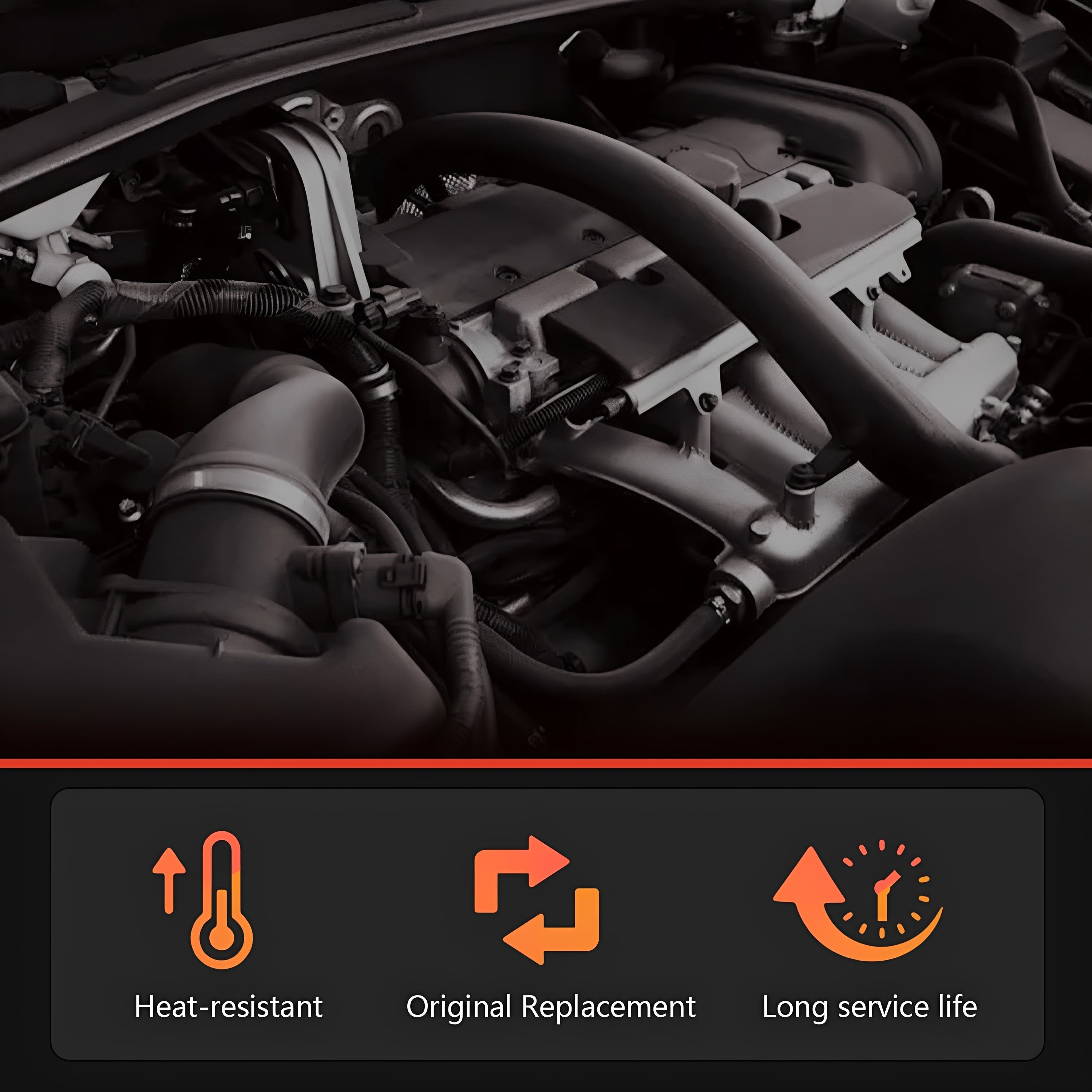 Engine compartment turbo intercooler hoses in black rubber piping