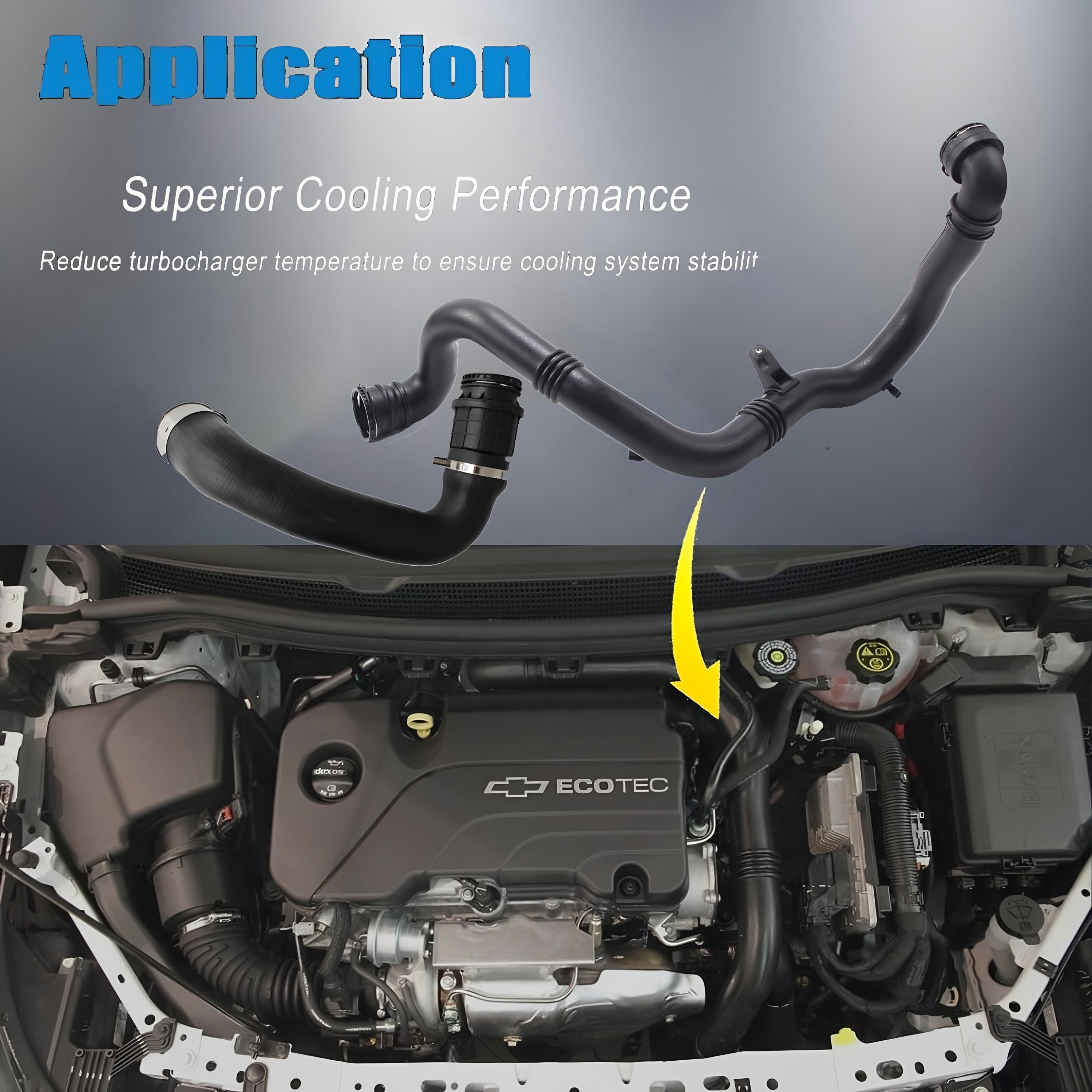 Turbo intercooler hose in engine bay with highlighted routing