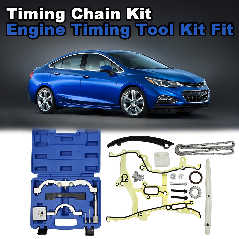 Timing chain kit with blue carrying case and assorted engine timing tools and parts