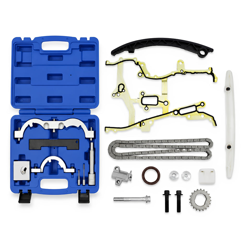 Timing chain kit parts laid out: blue case, timing chain, rails, seals, and bolts