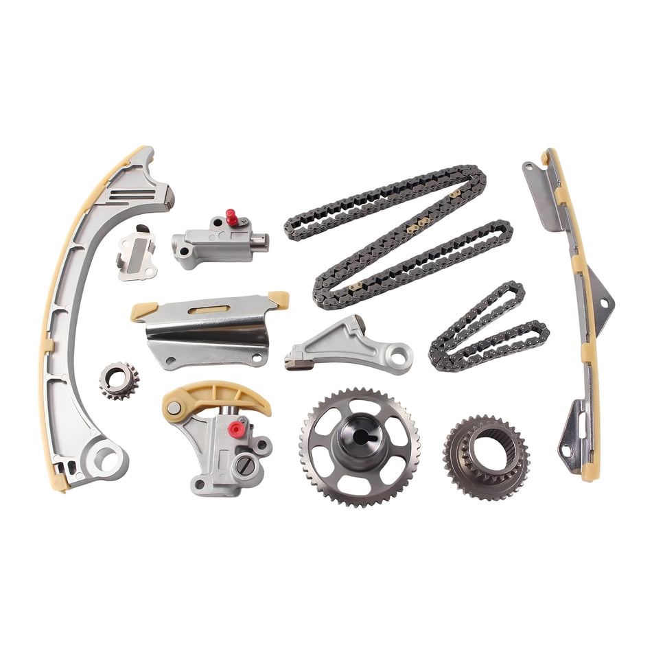 Timing chain kit with metal sprockets, chains, and guide rails for engine timing