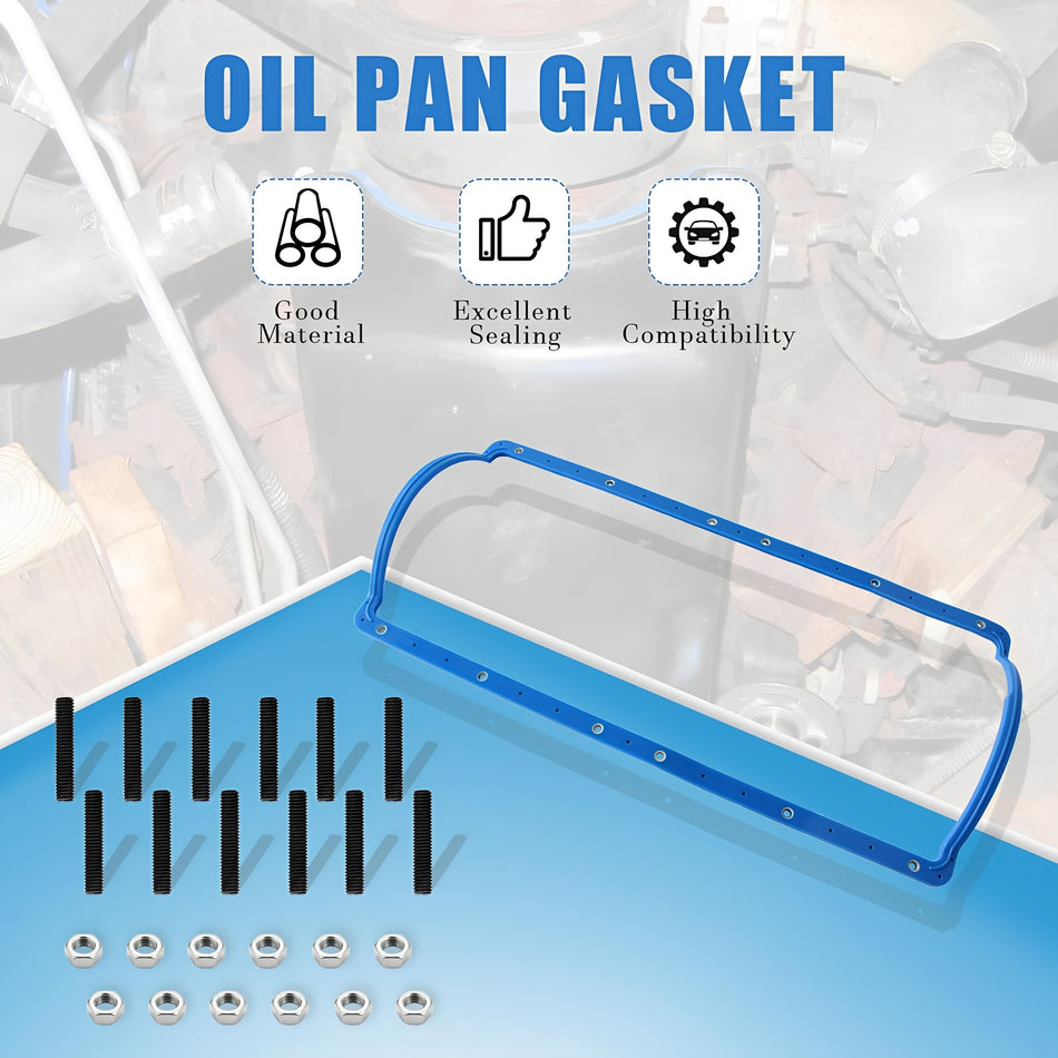 Oil pan gasket with blue seal and included studs and nuts